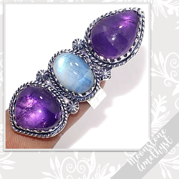 Rainbow Moonstone, Amethyst Large Silver Artisan Ring, Sz (Blue